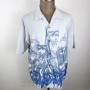 PINEAPPLE CONNECTION- Mystic Origins Mens Large Camp Shirt Dragon Flames- Gray